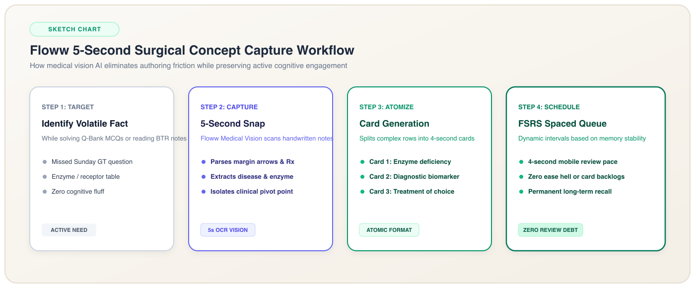 Floww 5-Second Surgical Concept Capture Workflow from Notes to FSRS Queue