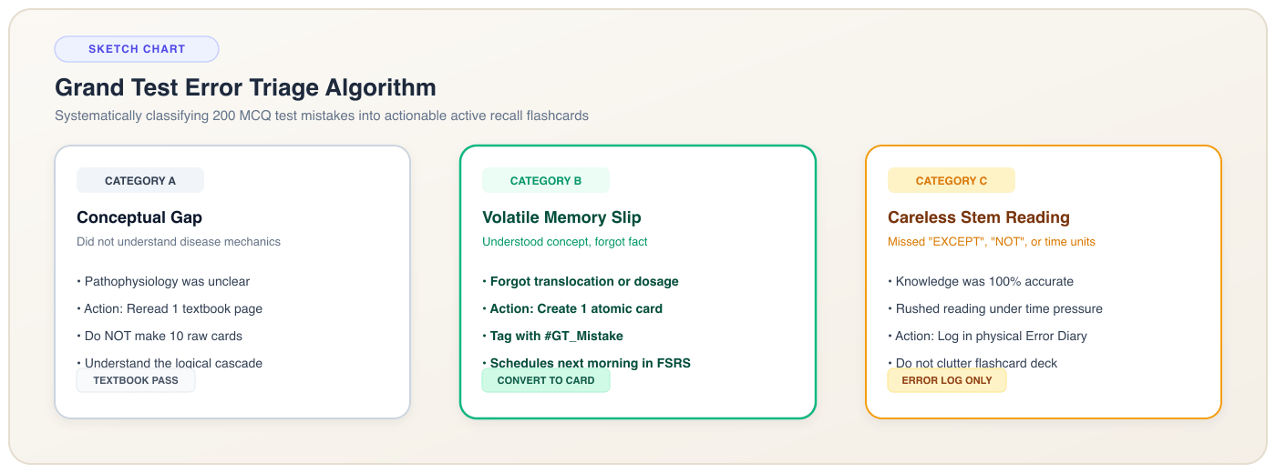 Grand Test Error Triage Workflow: Systematic 3-step protocol for converting MCQ mistakes into high-yield flashcards